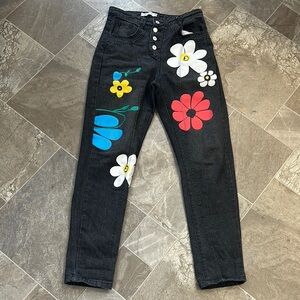 VTG MISS LOOK Women's M Jeans Flower Daisy Hippie Painted Button Fly high waist